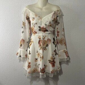 White Floral Cottagecore Mini Dress – Ruffle Sleeve Boho Style